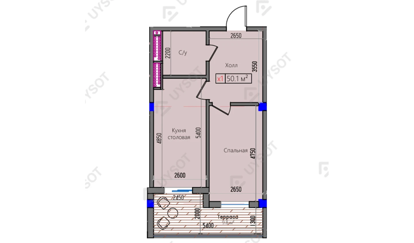 1-комнатная квартира 50.1 м²  4/4 этаж