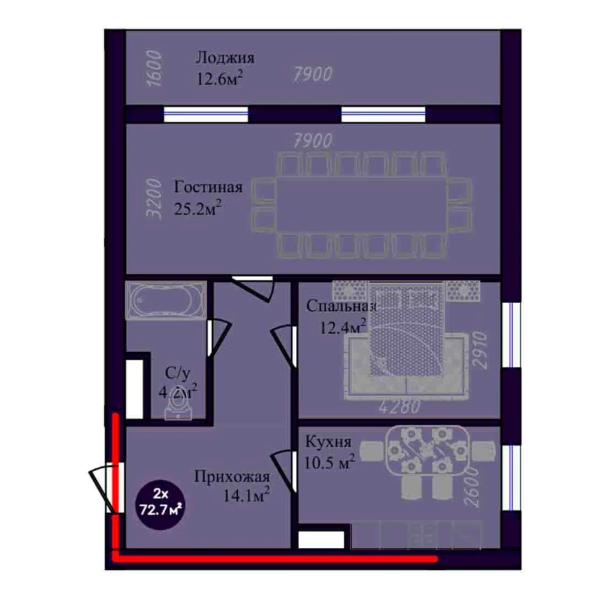 2-комнатная квартира 72.7 м²  8/8 этаж