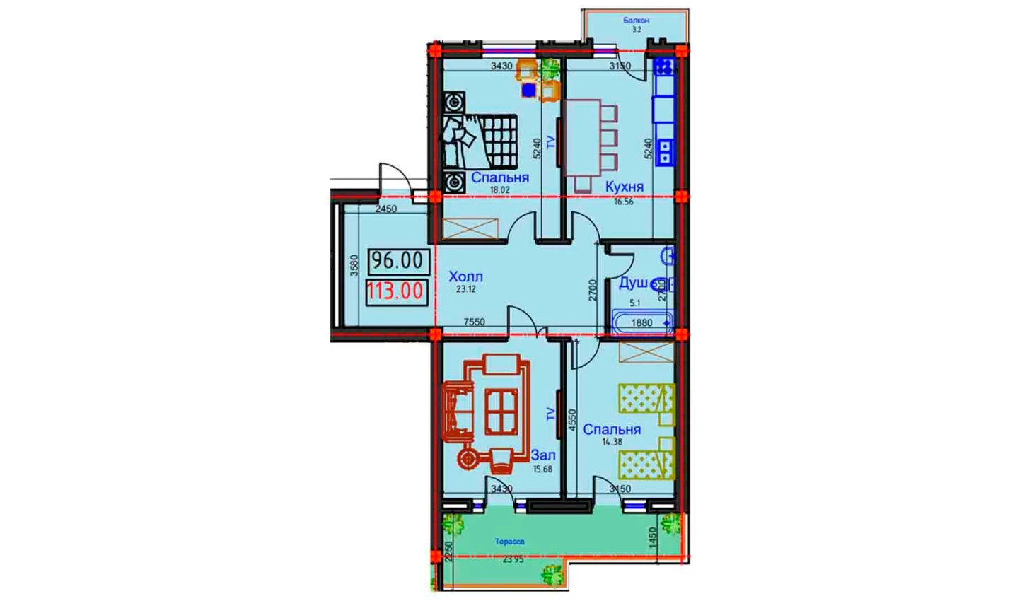 3-xonali xonadon 113 m²  8/8 qavat