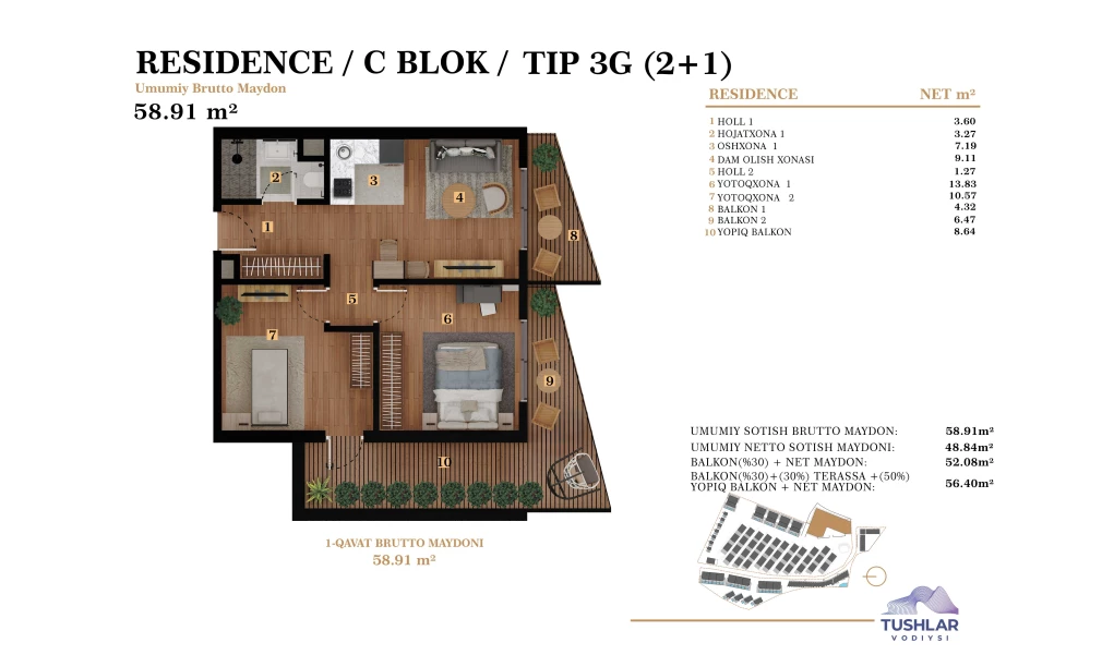 3-xonali xonadon 56.397 m²  6/6 qavat