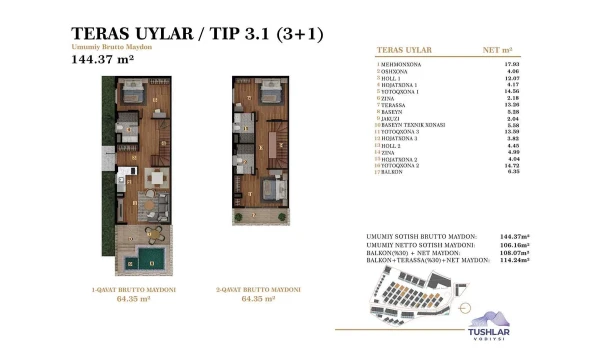 4-xonali xonadon 114.24 m²  2/4 qavat | TUSHLAR VODIYSI Turar-joy majmuasi