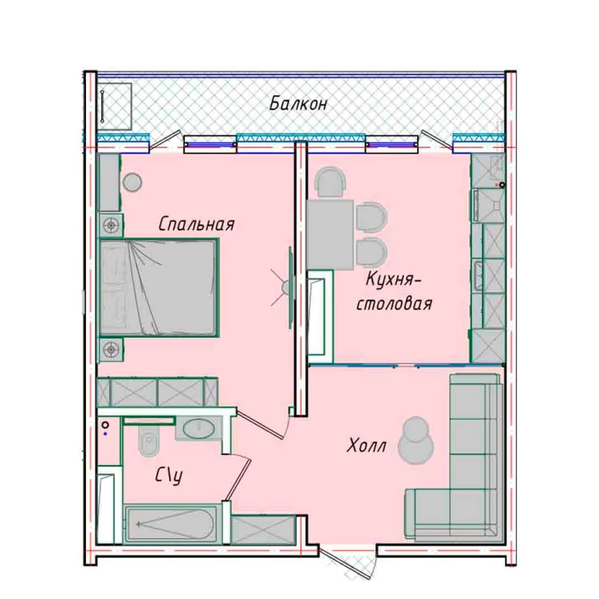 1-xonali xonadon 43.98 m²  14/14 qavat