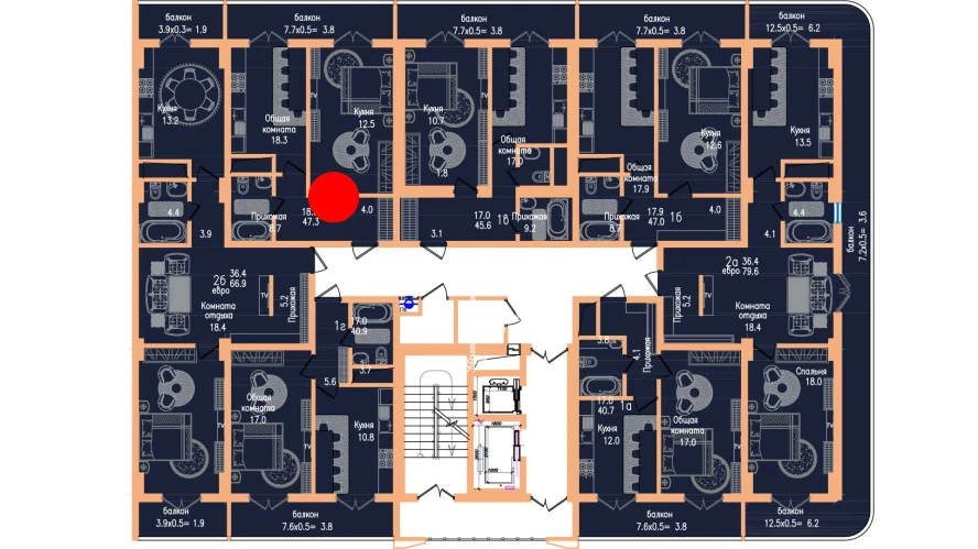 1-комнатная квартира 47 м²  8/8 этаж