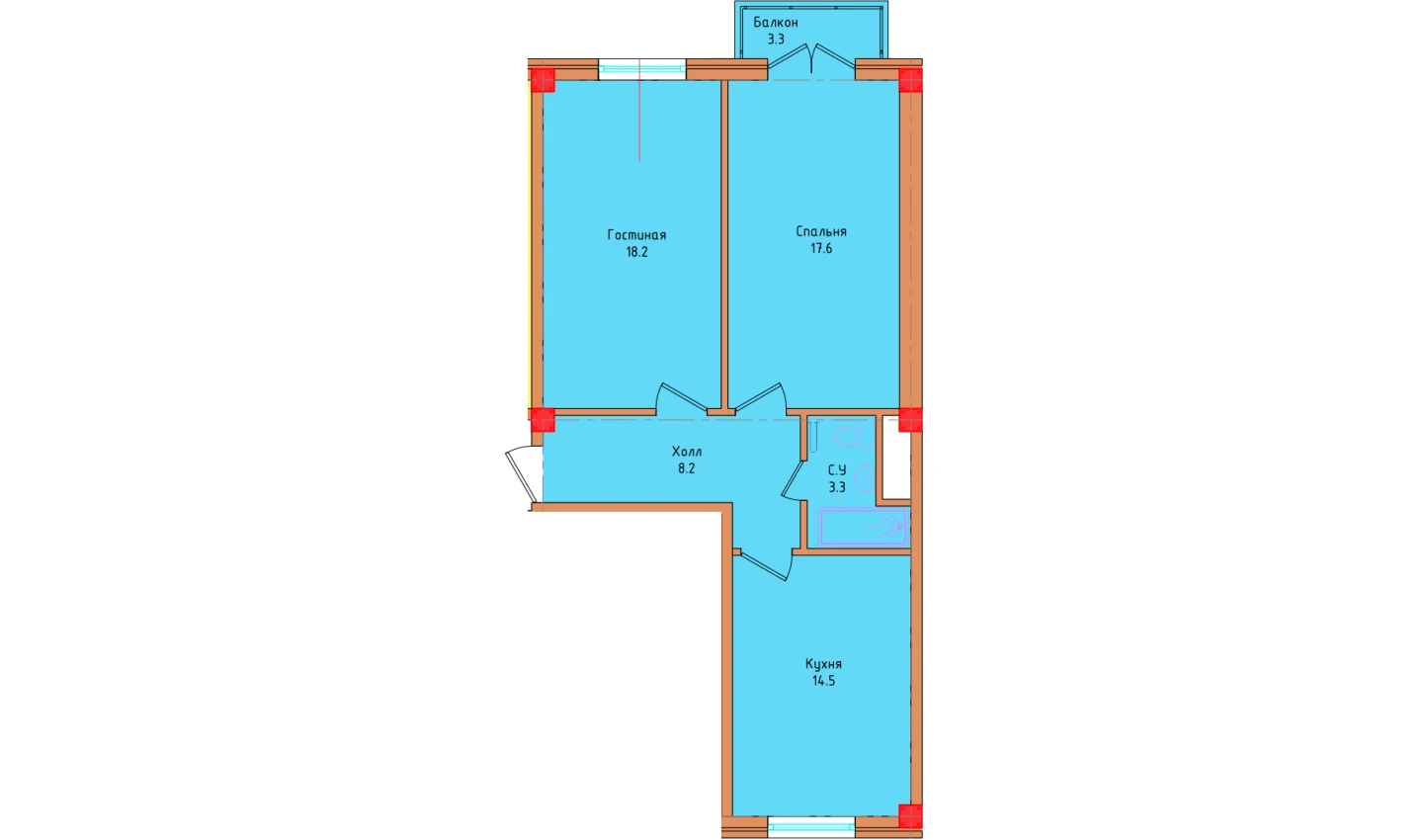 2-xonali xonadon 62.9 m²  3/3 qavat