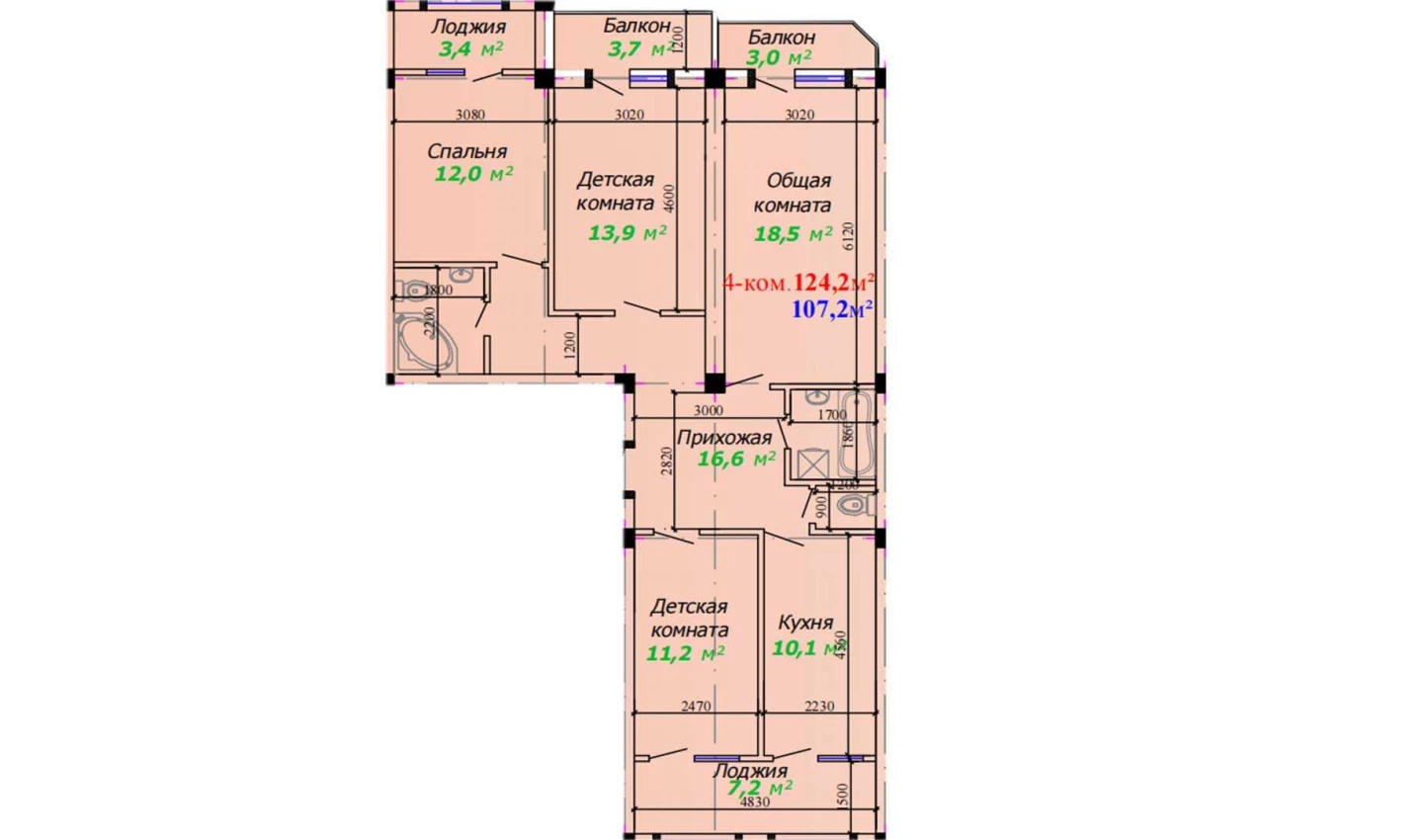 4-комнатная квартира 124.2 м²  2/2 этаж