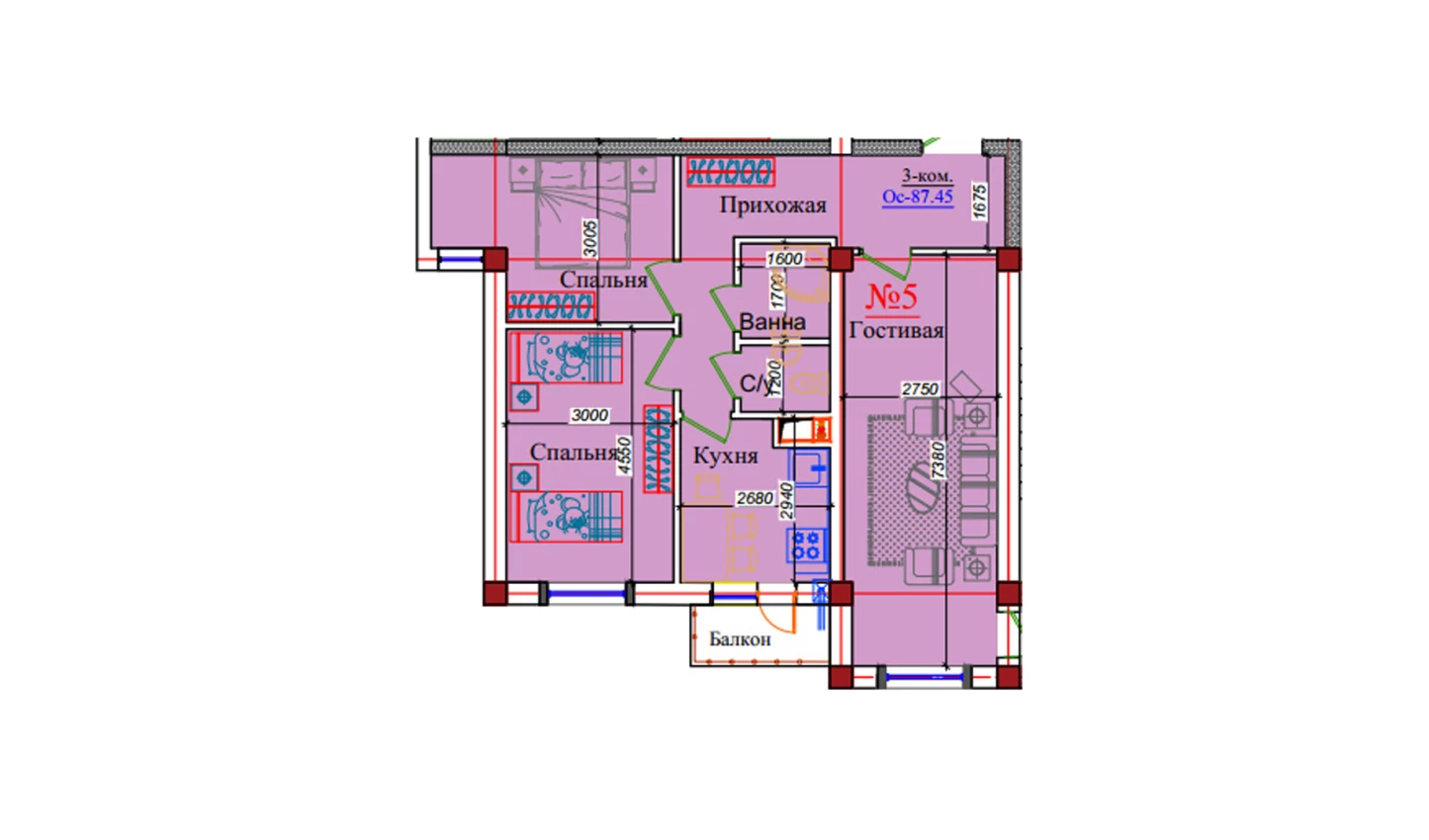 3-комнатная квартира 87.45 м²  7/7 этаж