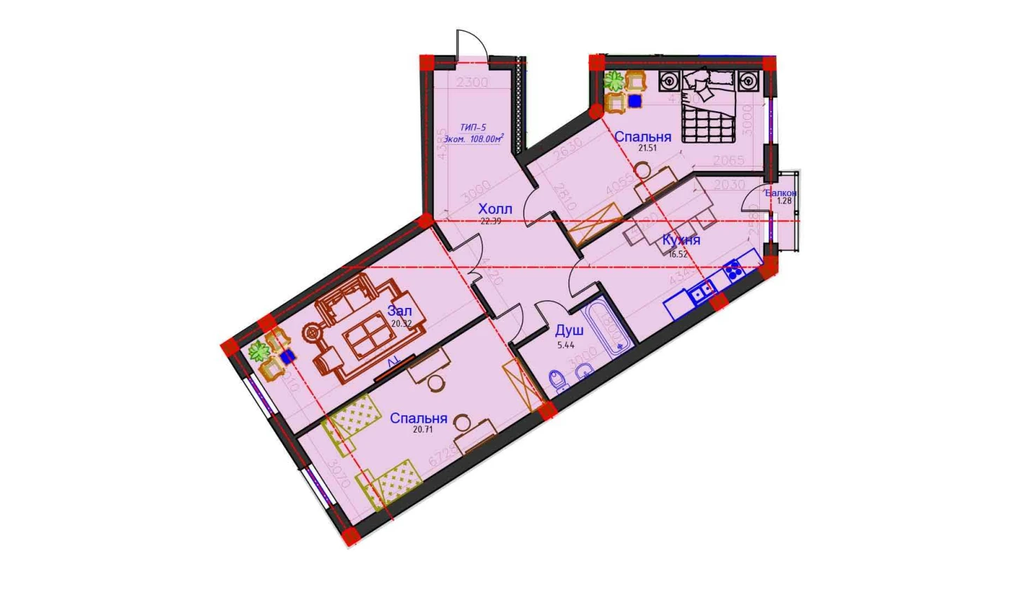 2-комнатная квартира 108 м²  8/8 этаж