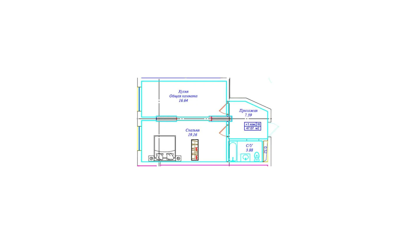 1-xonali xonadon 47.07 m²  4/4 qavat