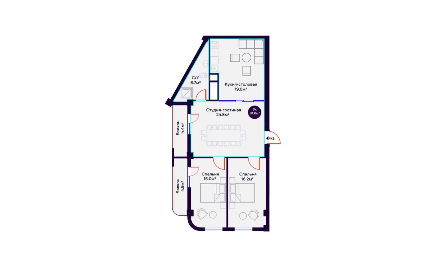 3-комнатная квартира 91 м²  11/11 этаж