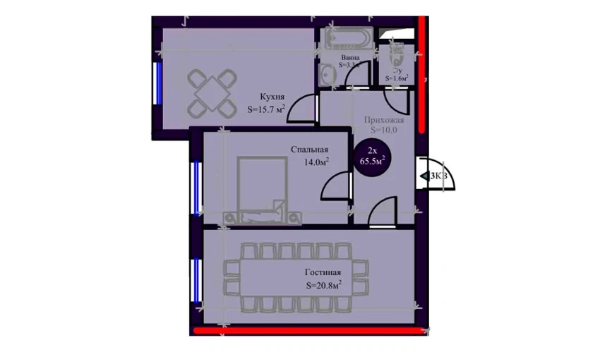 2-xonali xonadon 65.5 m²  12/14 qavat | Zamin Urgut Turar-joy majmuasi