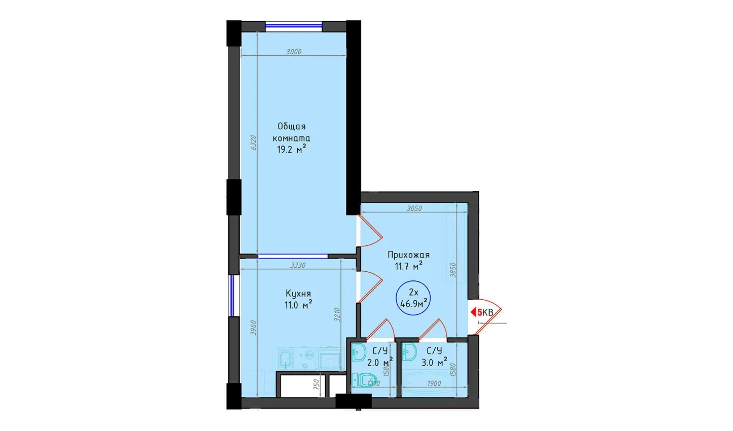 2-комнатная квартира 46.9 м²  1/1 этаж