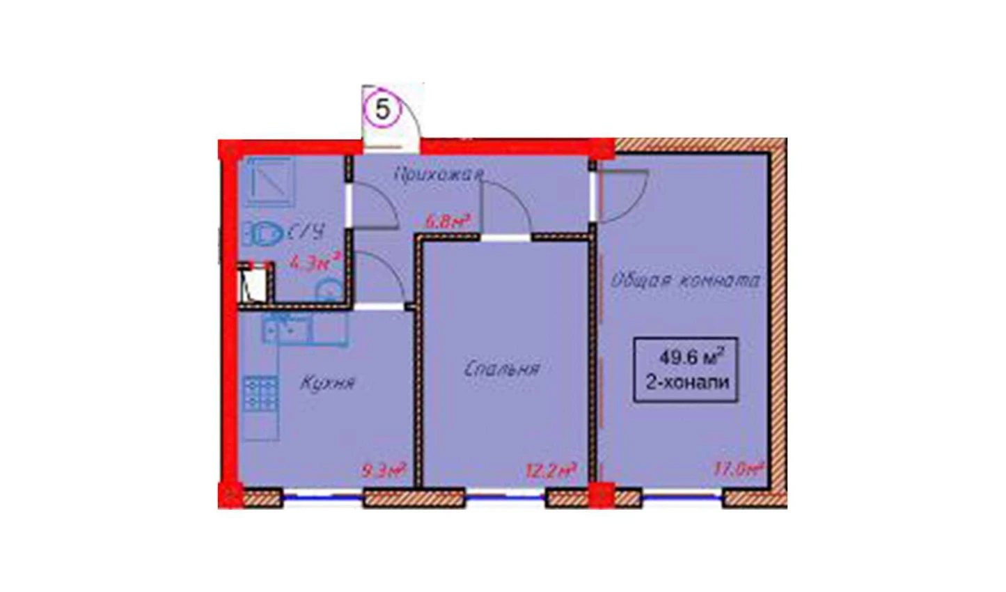 2-комнатная квартира 49.6 м²  1/1 этаж