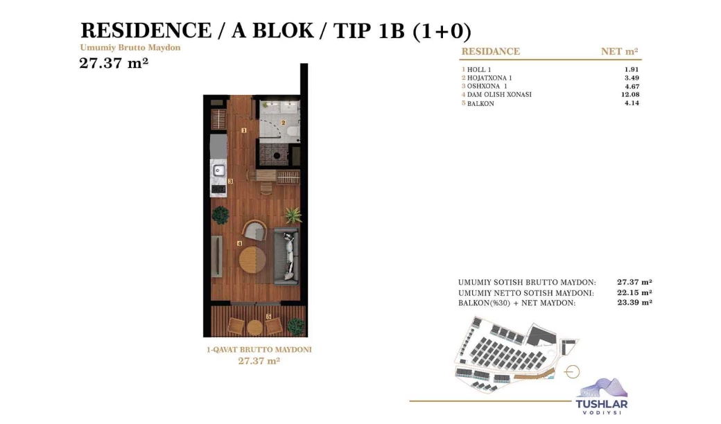 1-xonali xonadon 23.392 m²  1/1 qavat