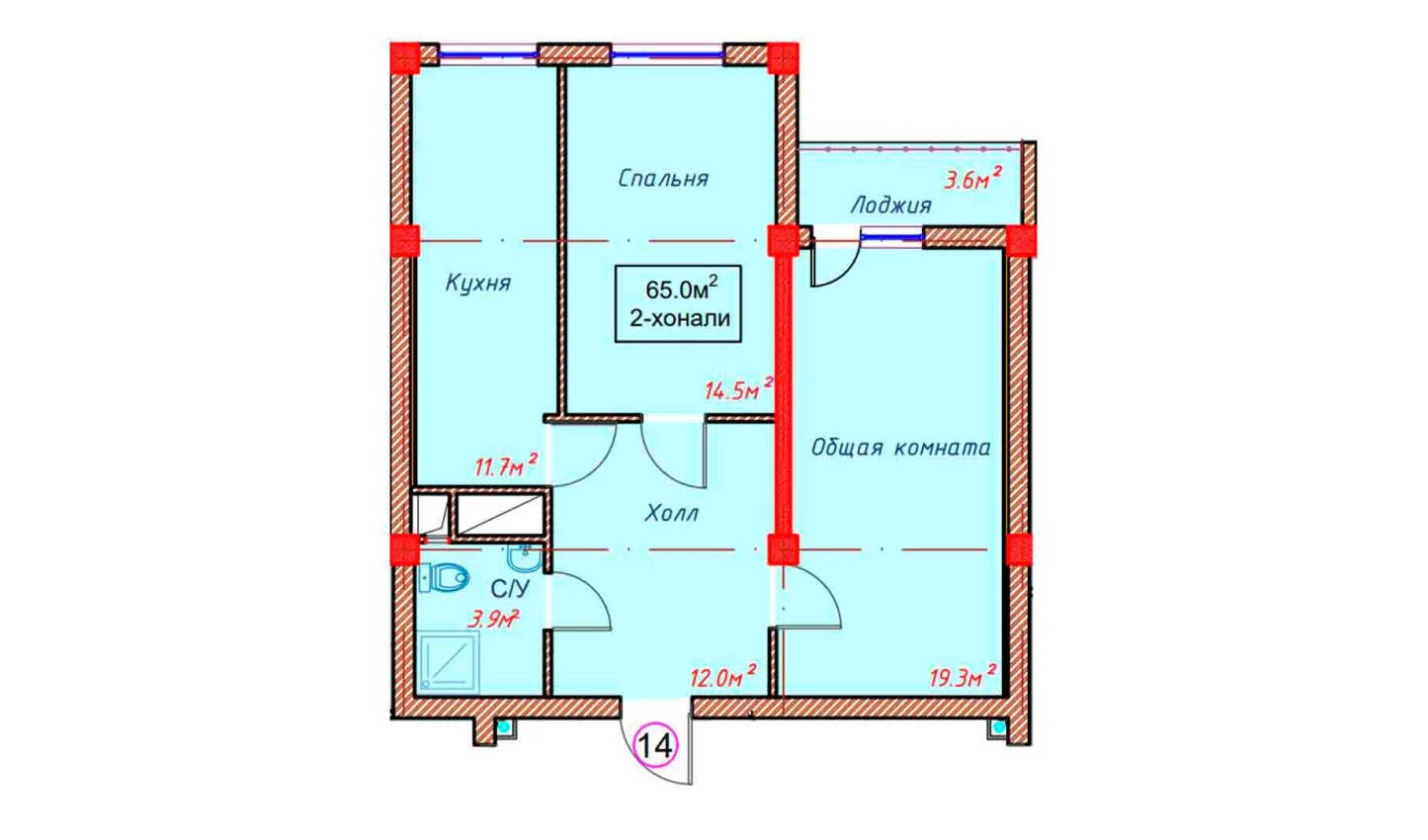 2-xonali xonadon 65 m²  9/9 qavat