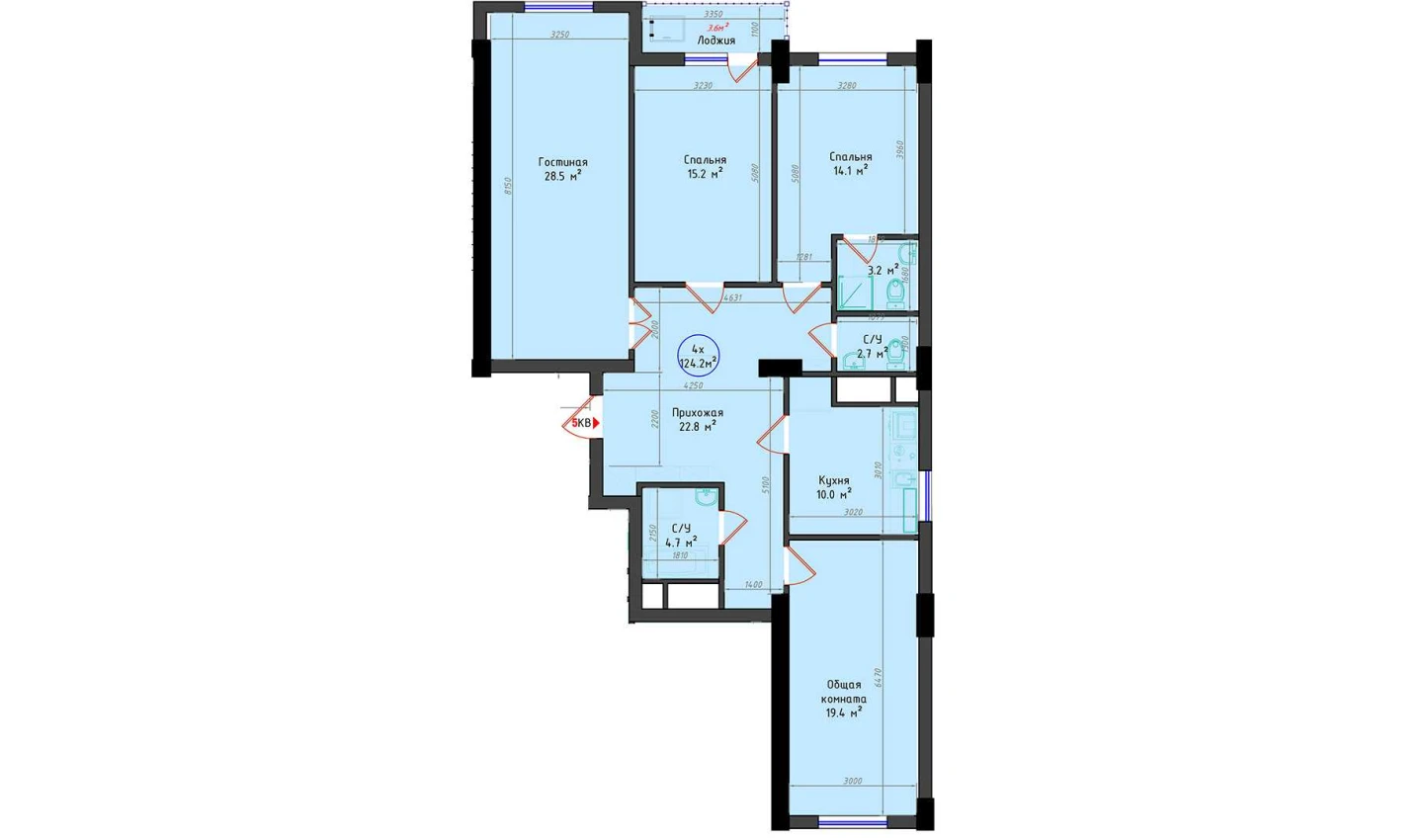 4-комнатная квартира 124.2 м²  14/14 этаж