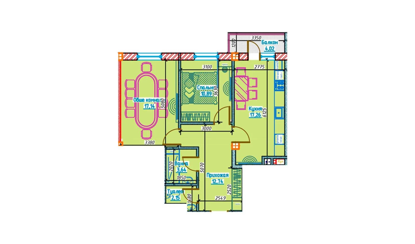 2-комнатная квартира 63.82 м²  3/3 этаж