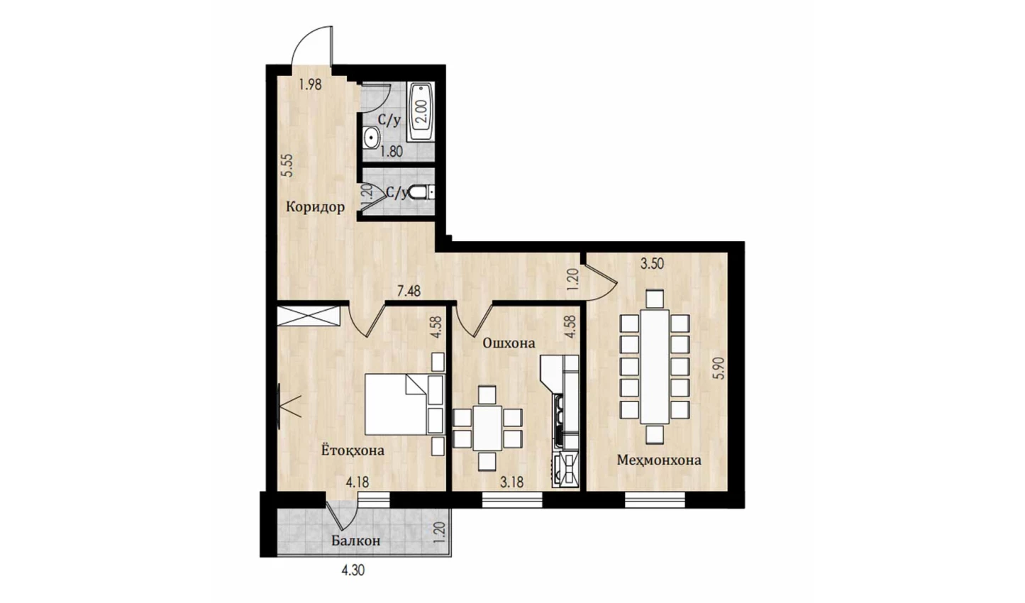 2-комнатная квартира 87.3 м²  4/4 этаж