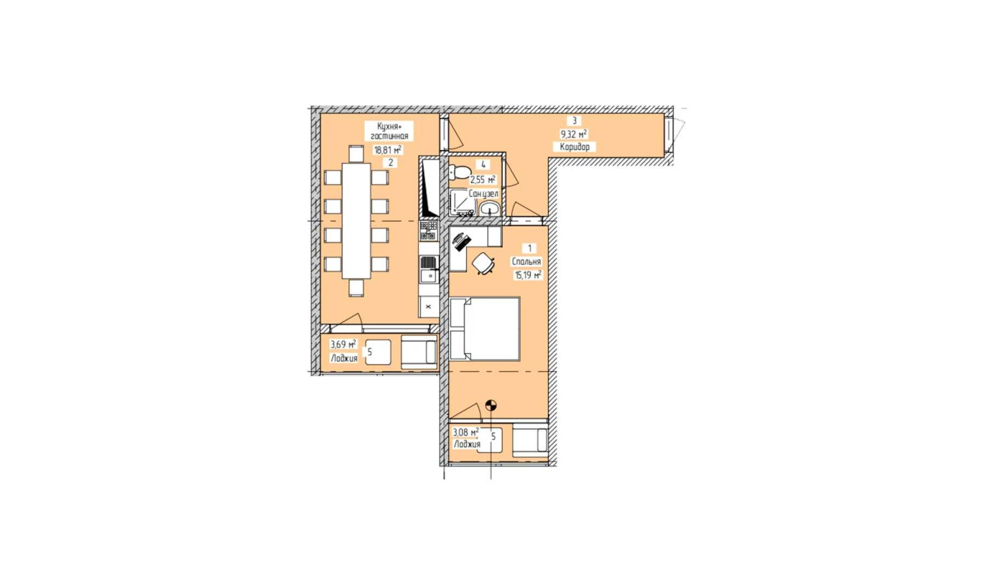 2-комнатная квартира 52.82 м²  12/12 этаж