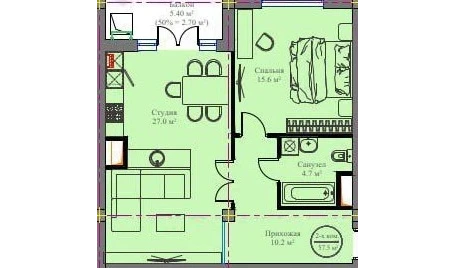 2-комнатная квартира 57.5 м²  2/2 этаж