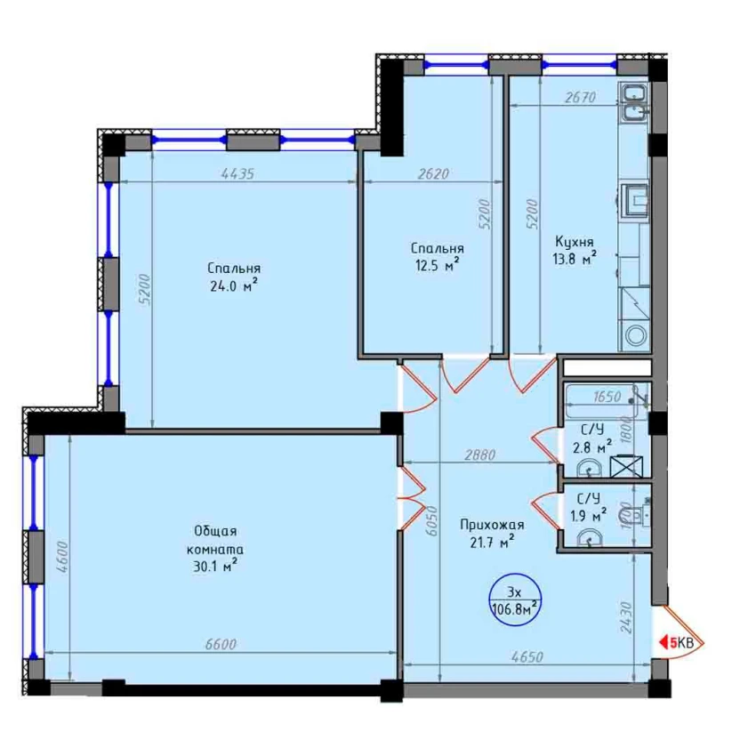 3-комнатная квартира 106.8 м²  2/2 этаж