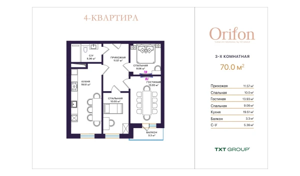 3-комнатная квартира 70 м²  1/10 этаж | Жилой комплекс ORIFON