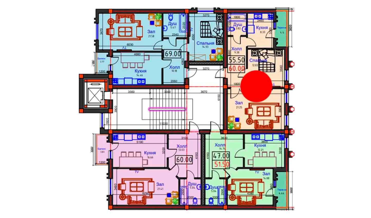 2-комнатная квартира 60 м²  9/9 этаж