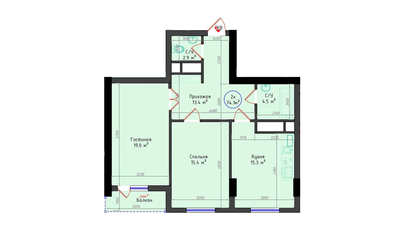 2-комнатная квартира 74.1 м²  25/25 этаж