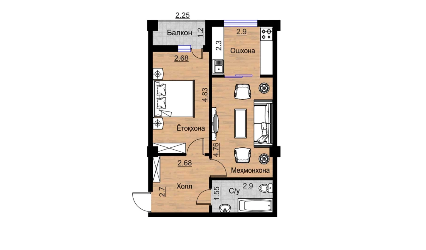 2-комнатная квартира 53.34 м²  12/12 этаж