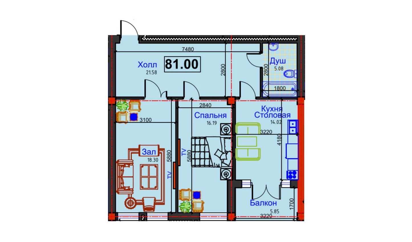 2-xonali xonadon 81 m²  12/12 qavat