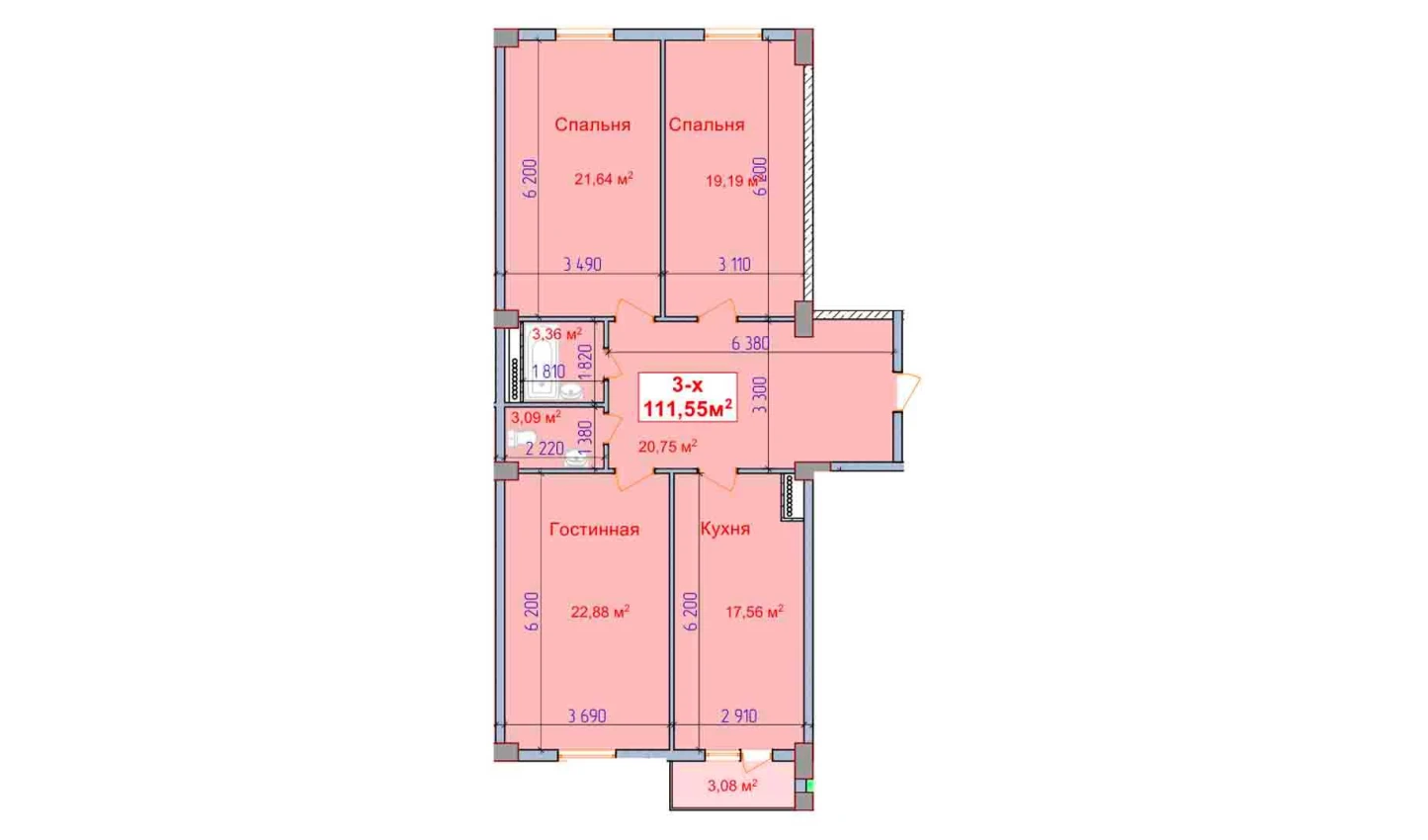 3-комнатная квартира 111.55 м²  6/6 этаж