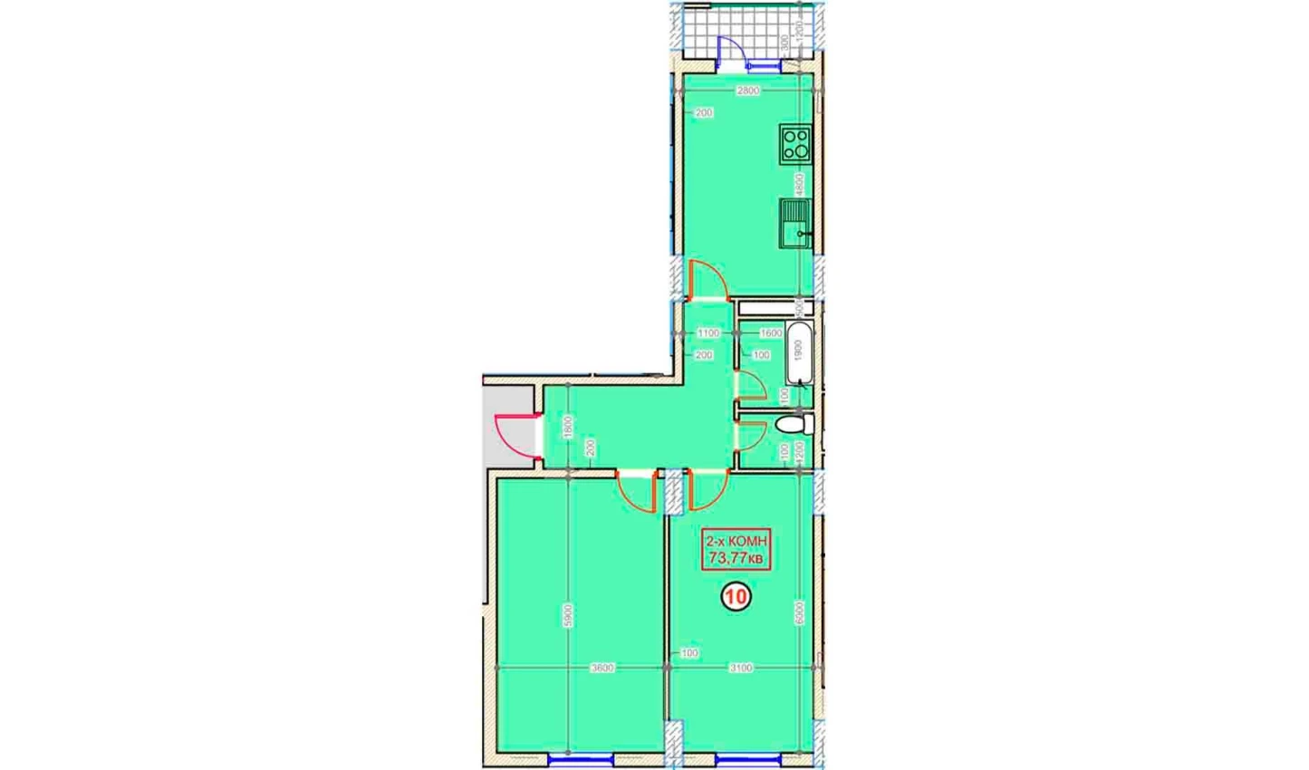 2-комнатная квартира 73.77 м²  8/8 этаж