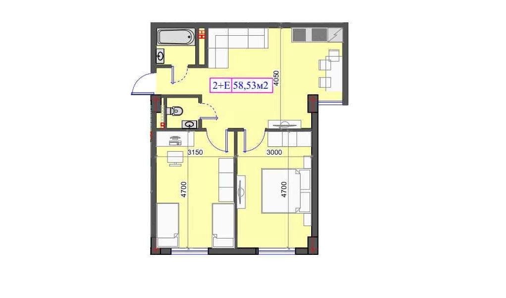 2-комнатная квартира 58.53 м²  1/1 этаж