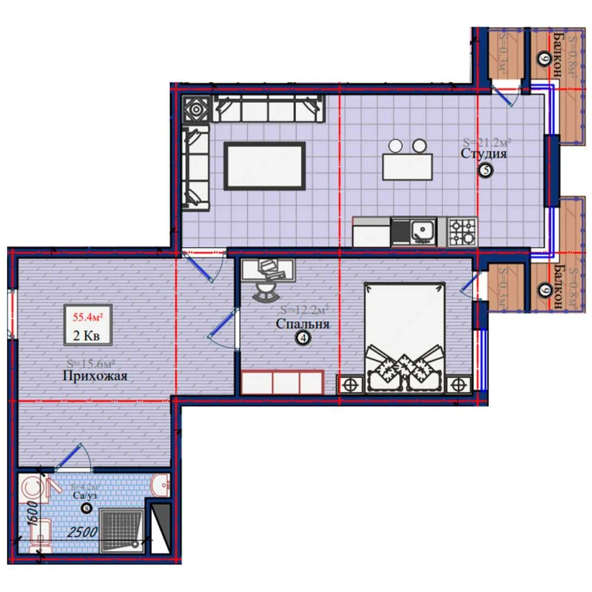 2-xonali xonadon 55.4 m²  9/9 qavat