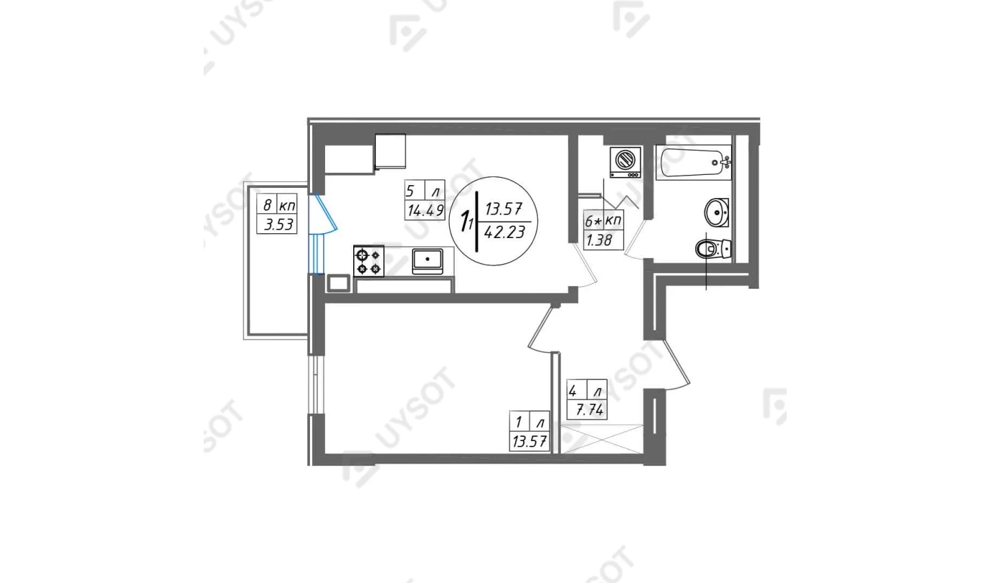 1-комнатная квартира 42.23 м²  9/9 этаж