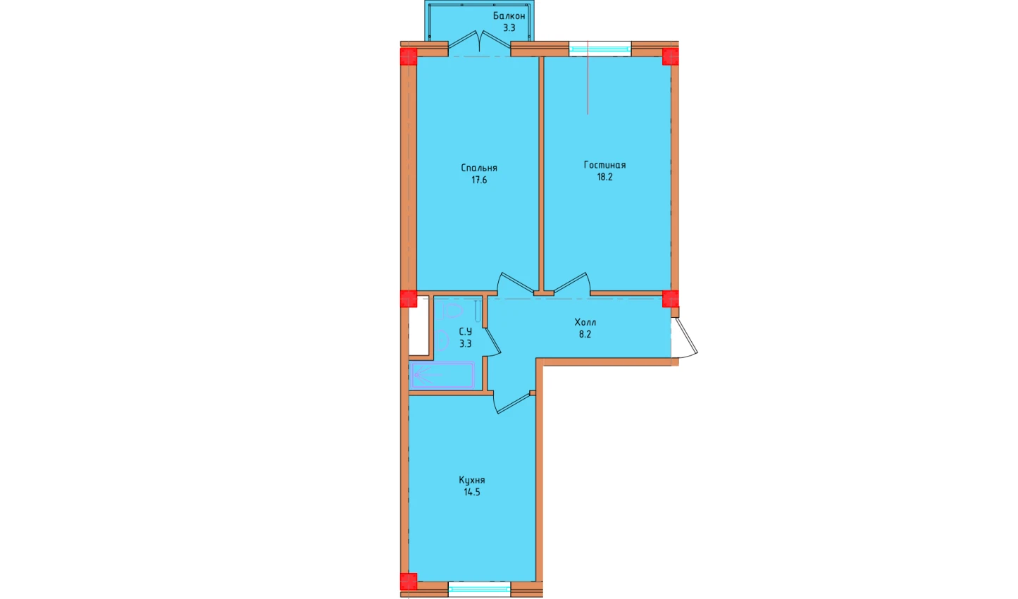 2-xonali xonadon 62.9 m²  5/5 qavat