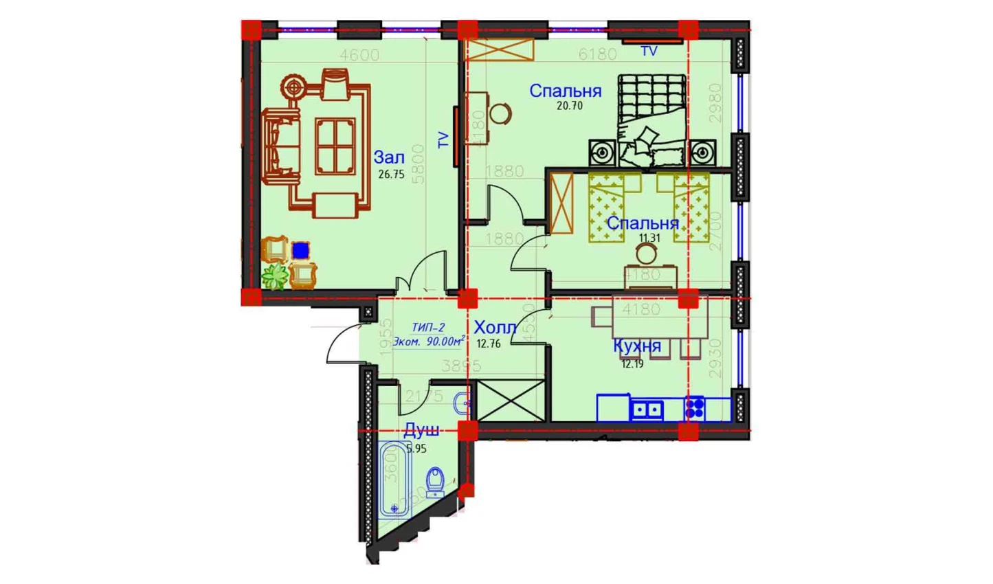 3-xonali xonadon 90 m²  3/3 qavat