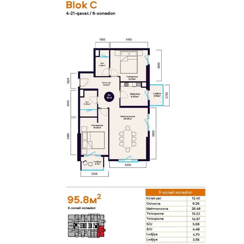 3-комнатная квартира 95.8 м²  4/4 этаж