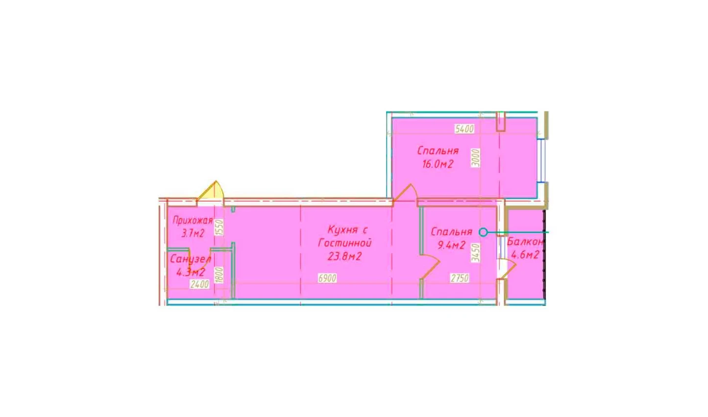 2-xonali xonadon 61.8 m²  4/4 qavat