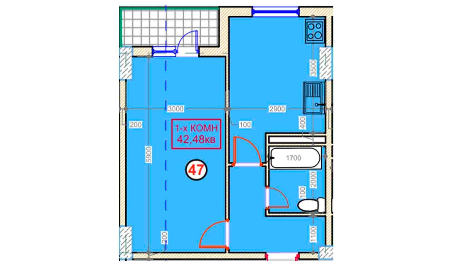 1-комнатная квартира 42.48 м²  7/7 этаж