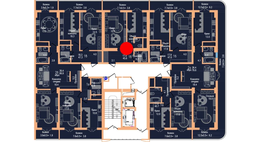 1-xonali xonadon 45.6 m²  8/8 qavat