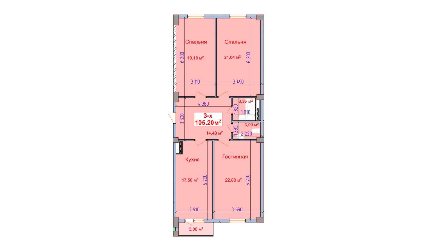 3-комнатная квартира 111.55 м²  6/6 этаж