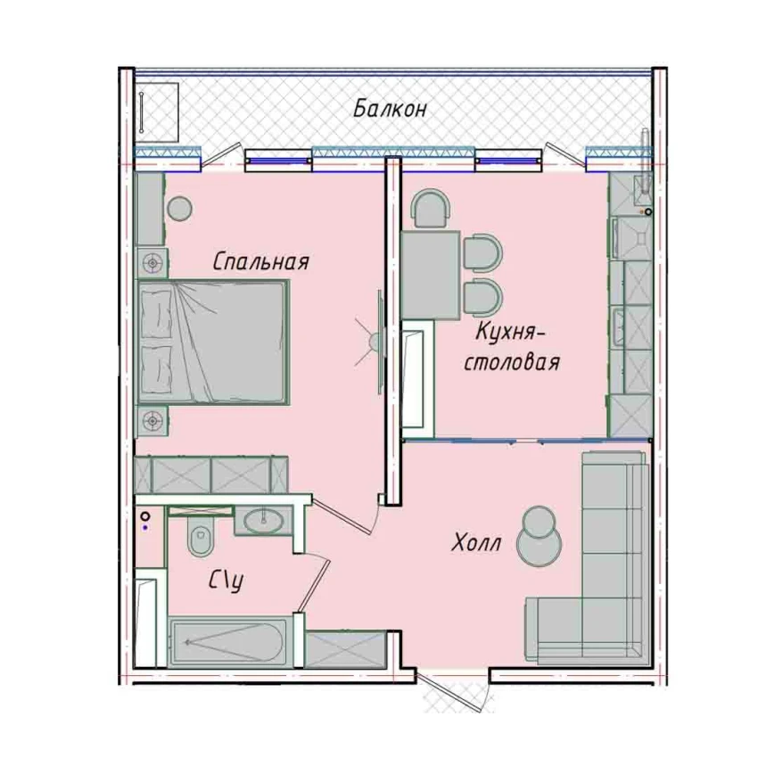 1-комнатная квартира 43.98 м²  7/7 этаж