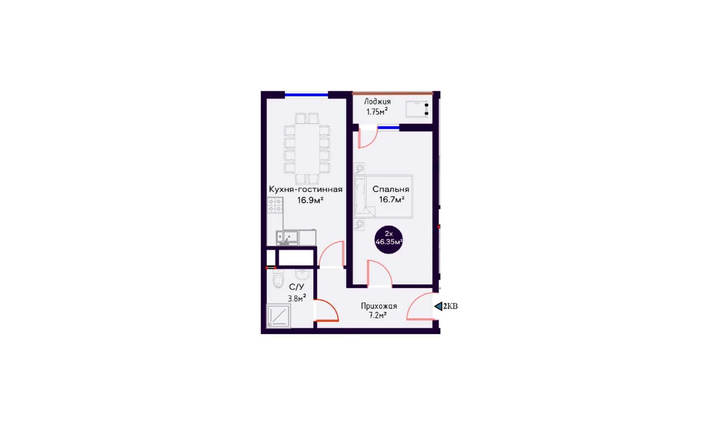 2-комнатная квартира 46.35 м²  12/12 этаж