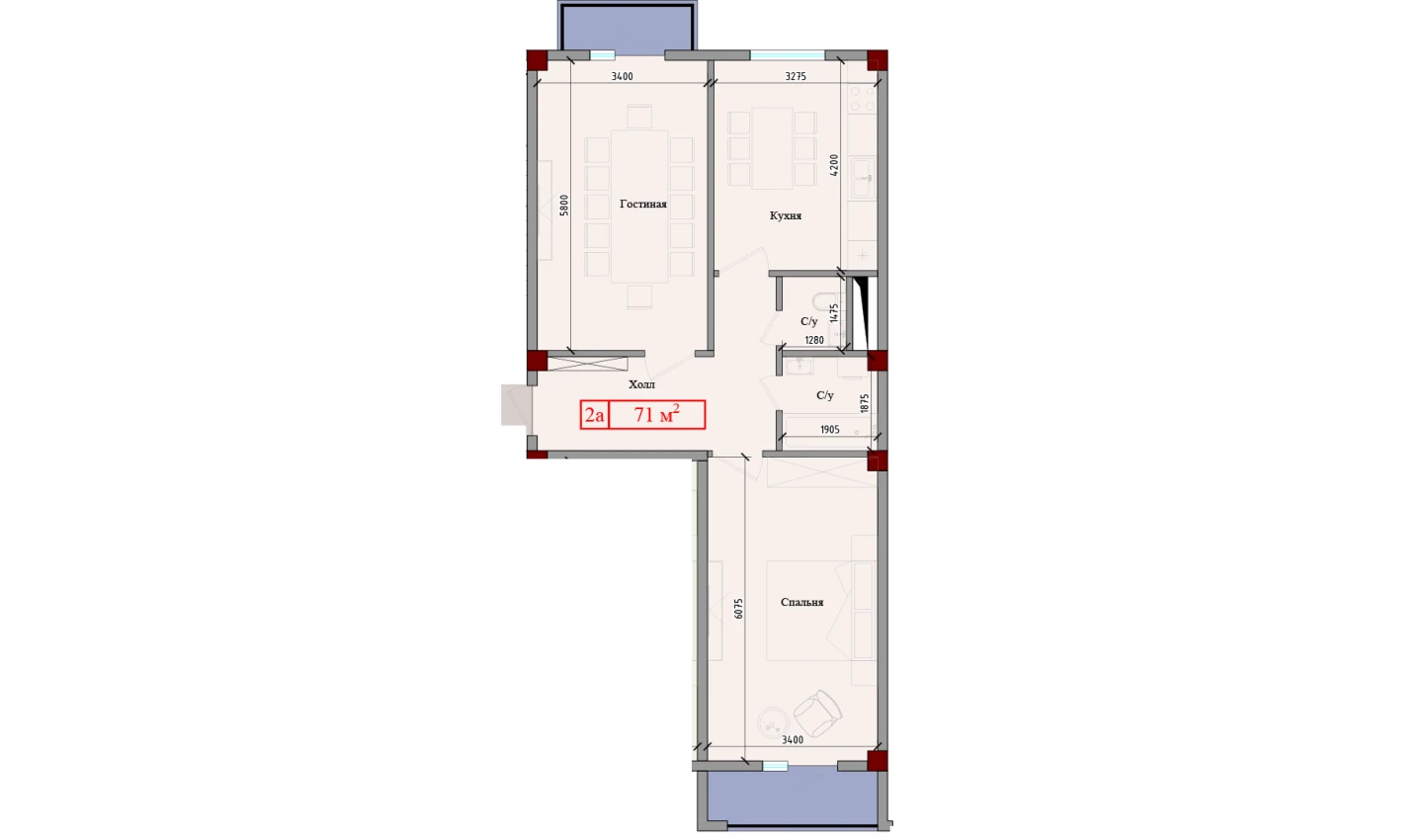 2-xonali xonadon 71 m²  3/3 qavat