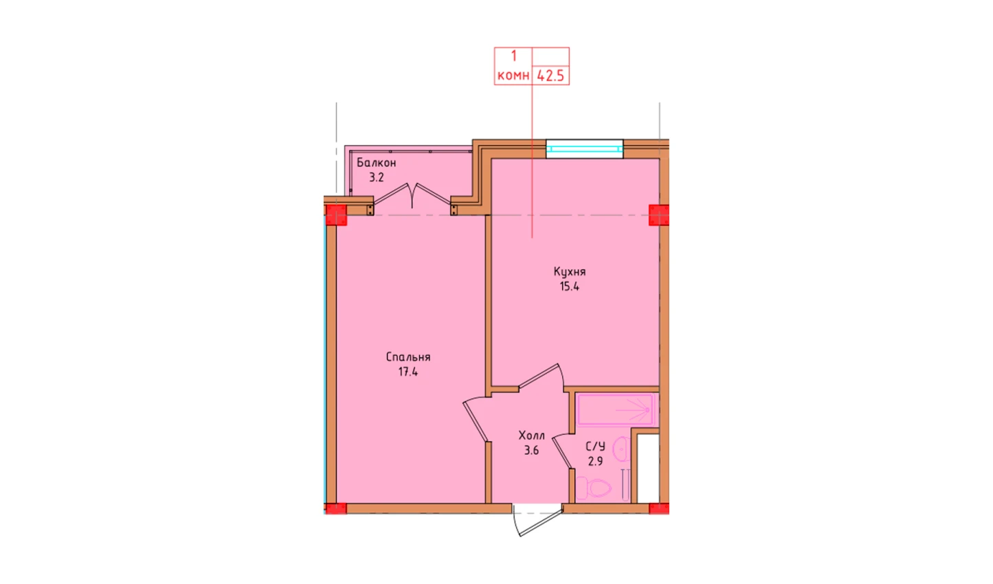 1-комнатная квартира 40.37 м²  6/6 этаж