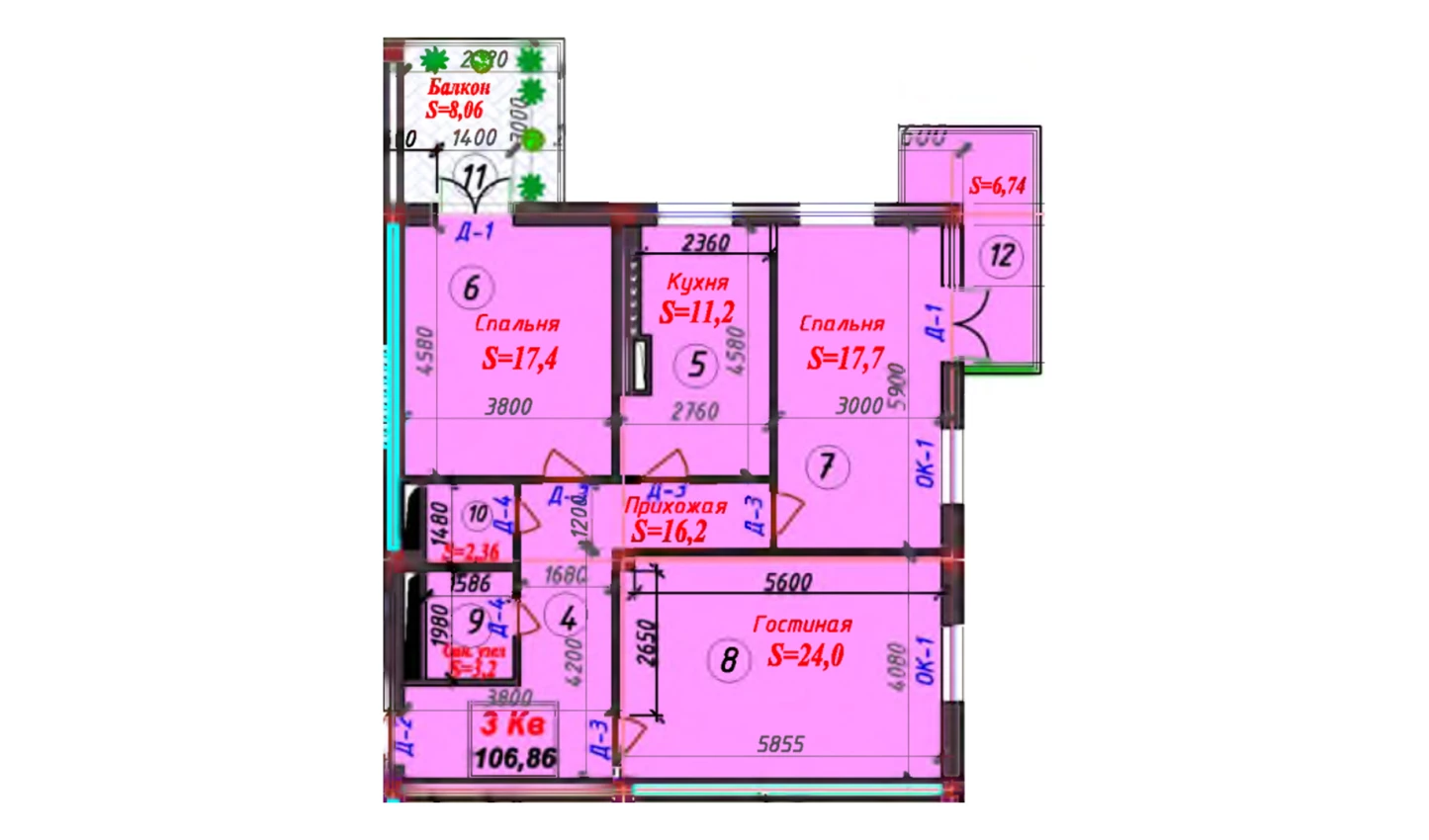 3-xonali xonadon 106.86 m²  3/3 qavat