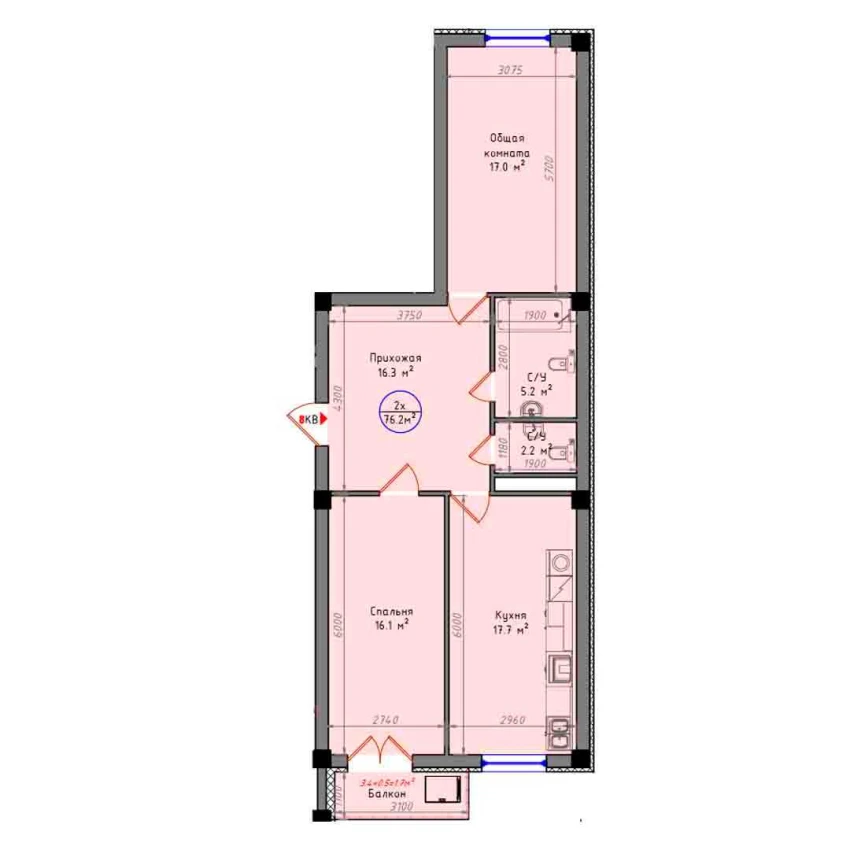 2-xonali xonadon 76.2 m²  12/12 qavat