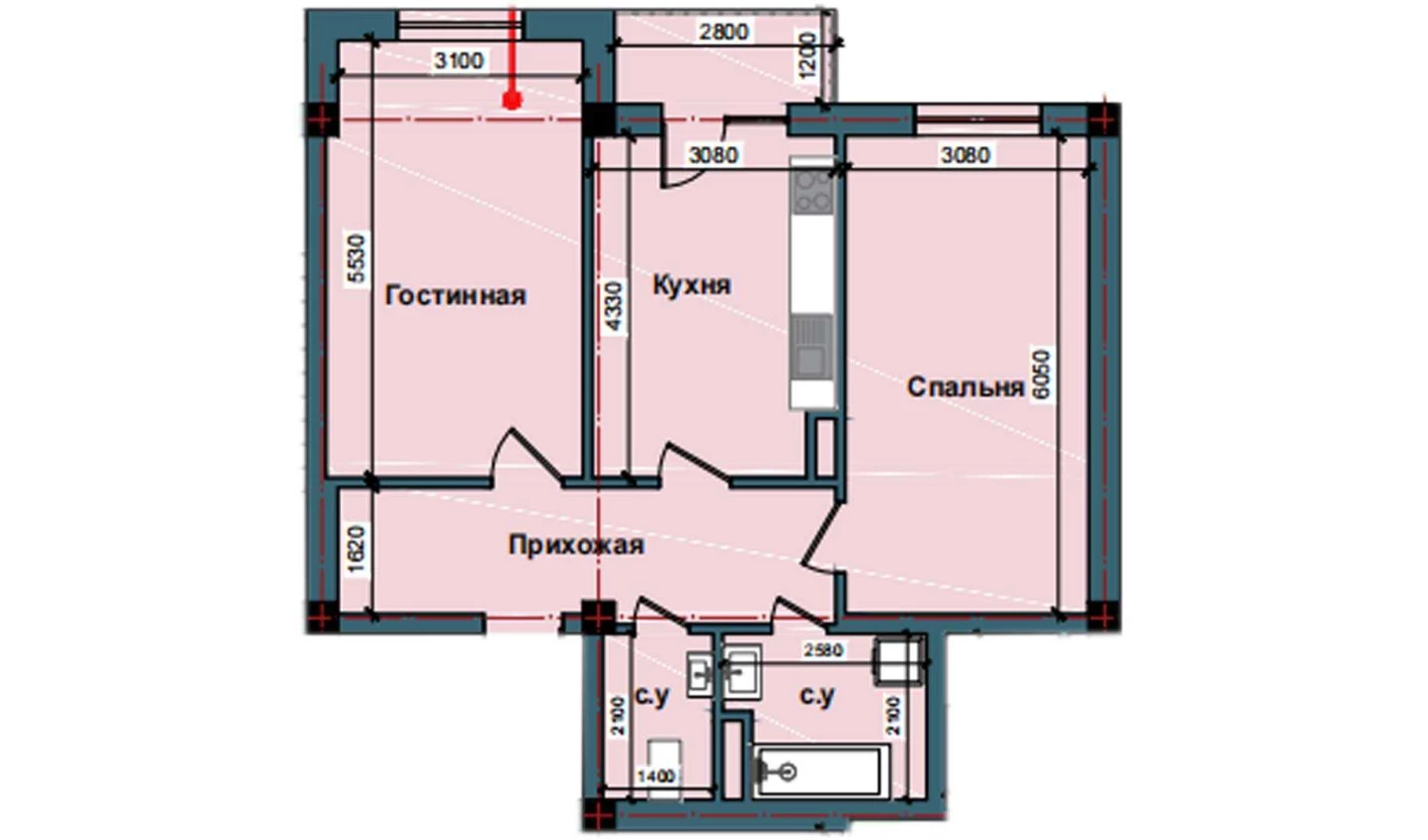 2-комнатная квартира 75 м²  8/8 этаж