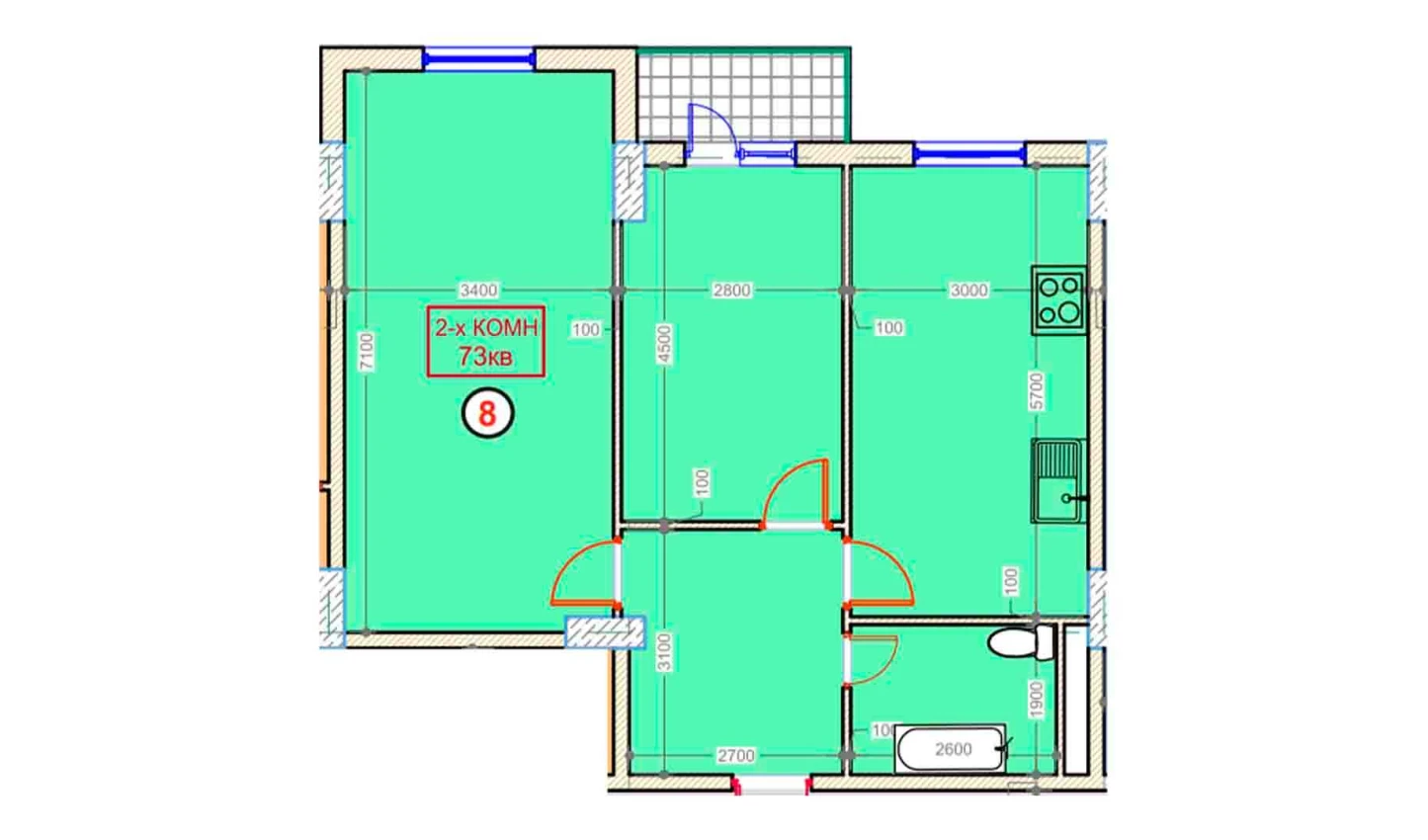 2-комнатная квартира 73 м²  5/5 этаж