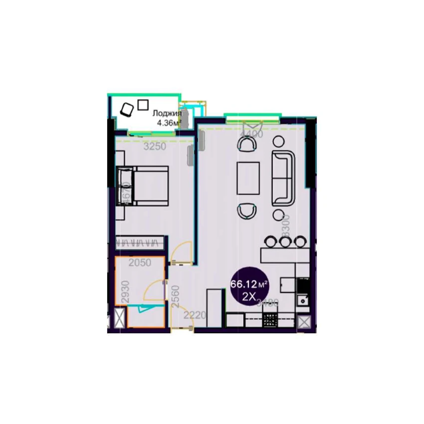 2-комнатная квартира 66.12 м²  7/7 этаж